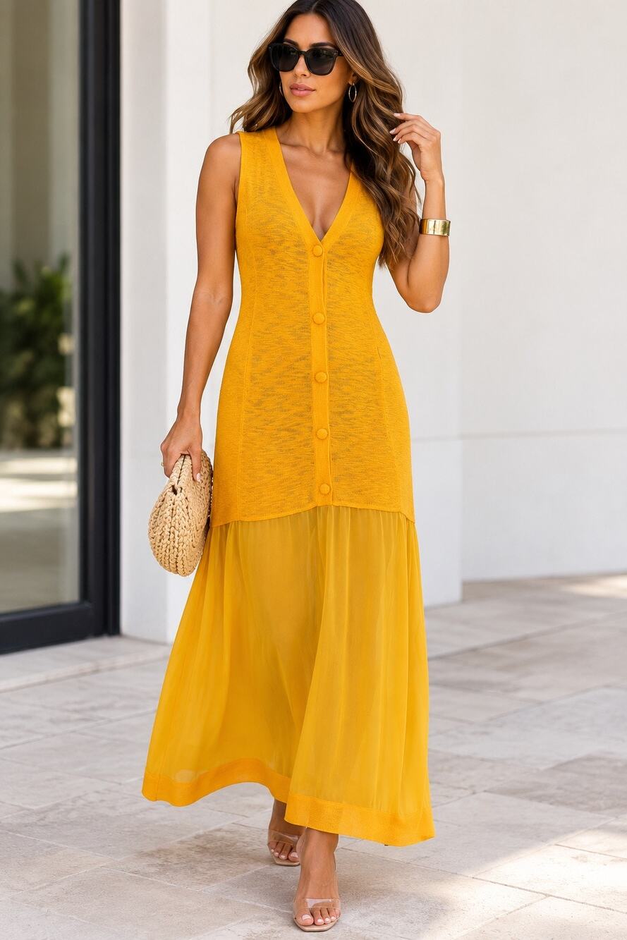 CKLIMA Mustard Yellow Mixed Media Sleeveless Button Front Maxi Dress